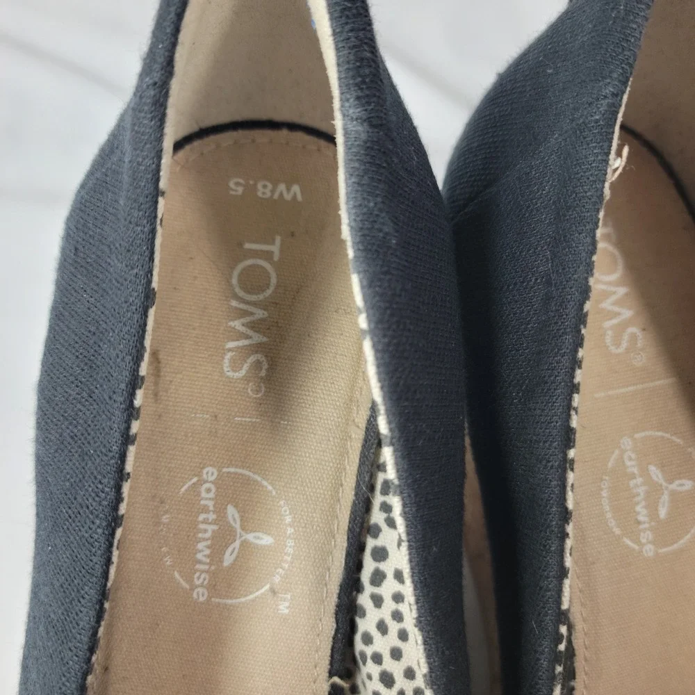 TOMS Canvas Cork Wedge Women 8.5 Black Peep Toe Platform Sandals Boho Chic Beach